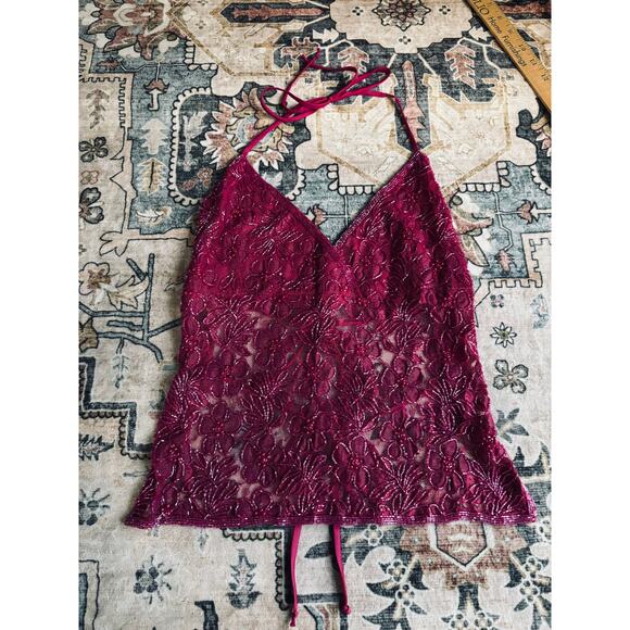 Vintage Hand Beaded y2k Open Back Tie Top Crop Pink Floral Halter Tank Medium - Picture 16 of 16